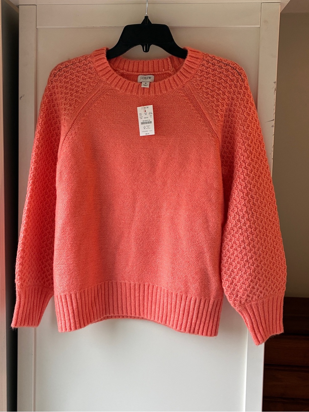NWT J. Crew Honeycomb Balloon Sleeve Wool Blend Coral Crewneck Sweater